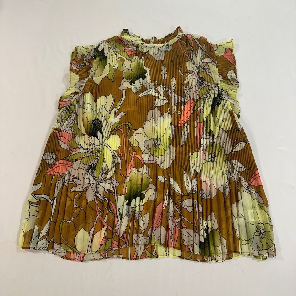 Ryegrass Sleeveless Floral Pleated Blouse Women Large Brown Green Ruffle Top